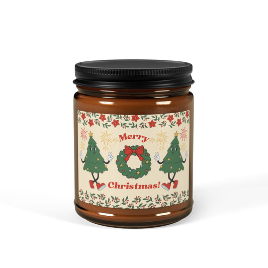 Vintage Merry Christmas Cartoon Scented Soy Candle, Christmas Tree & Wreath Amber Jar, Holiday Home Decor, Festive Aromatherapy Candle,