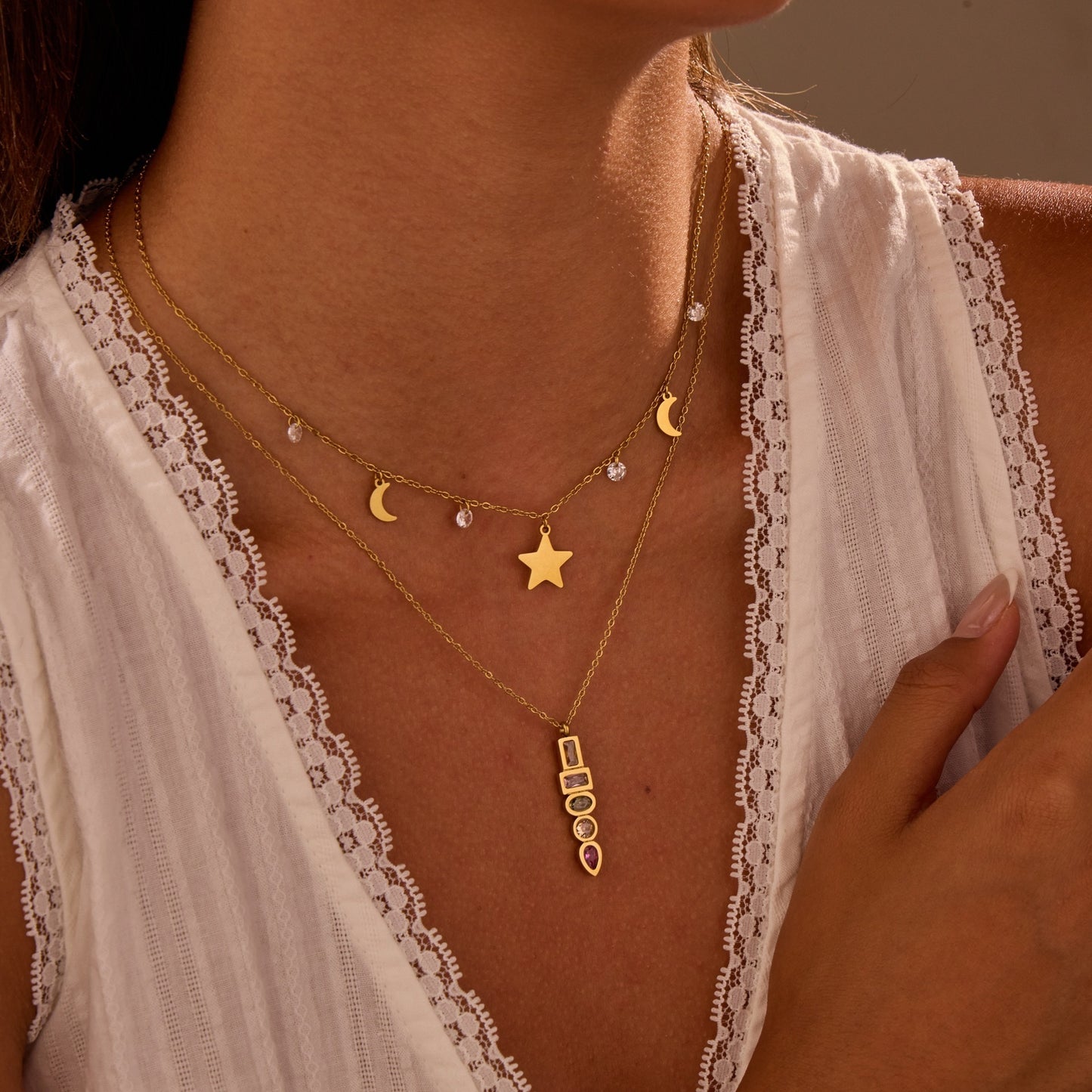 Color Zircon Star Pendant Stainless Steel Necklace