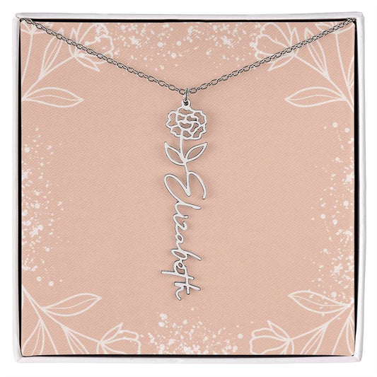 Personalized Birth Flower Name Plate Necklace